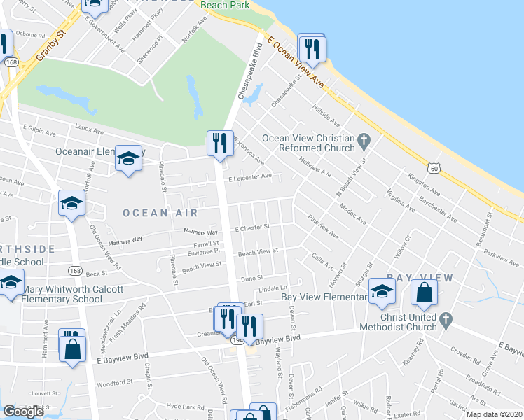 map of restaurants, bars, coffee shops, grocery stores, and more near 1037 Warwick Avenue in Norfolk