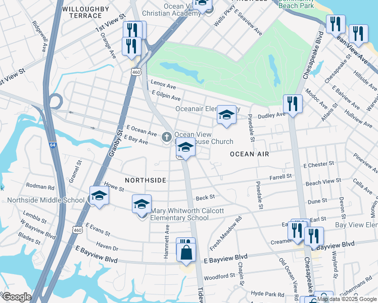 map of restaurants, bars, coffee shops, grocery stores, and more near 8951 Old Ocean View Road in Norfolk