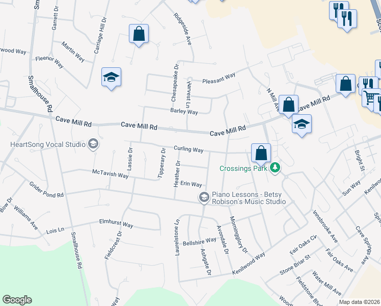 map of restaurants, bars, coffee shops, grocery stores, and more near 1729 Curling Way in Bowling Green