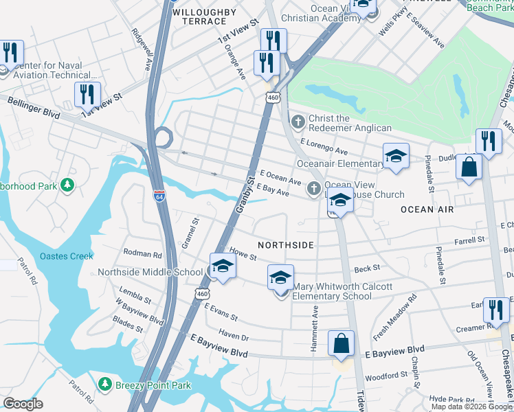 map of restaurants, bars, coffee shops, grocery stores, and more near 8922 Granby Street in Norfolk