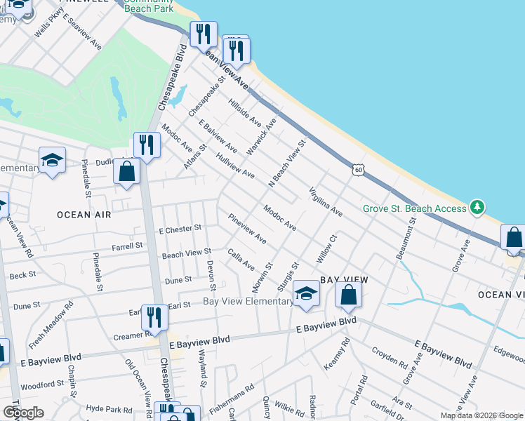 map of restaurants, bars, coffee shops, grocery stores, and more near 1236 Oak Park Avenue in Norfolk