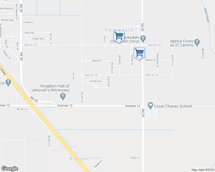 map of restaurants, bars, coffee shops, grocery stores, and more near 13232 Yucca Road in Madera