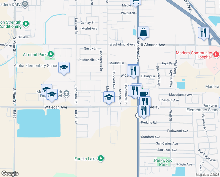 map of restaurants, bars, coffee shops, grocery stores, and more near 1291 Monterey Street in Madera
