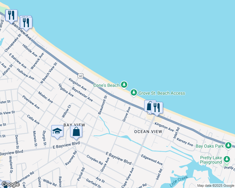 map of restaurants, bars, coffee shops, grocery stores, and more near 1700 East Ocean View Avenue in Norfolk