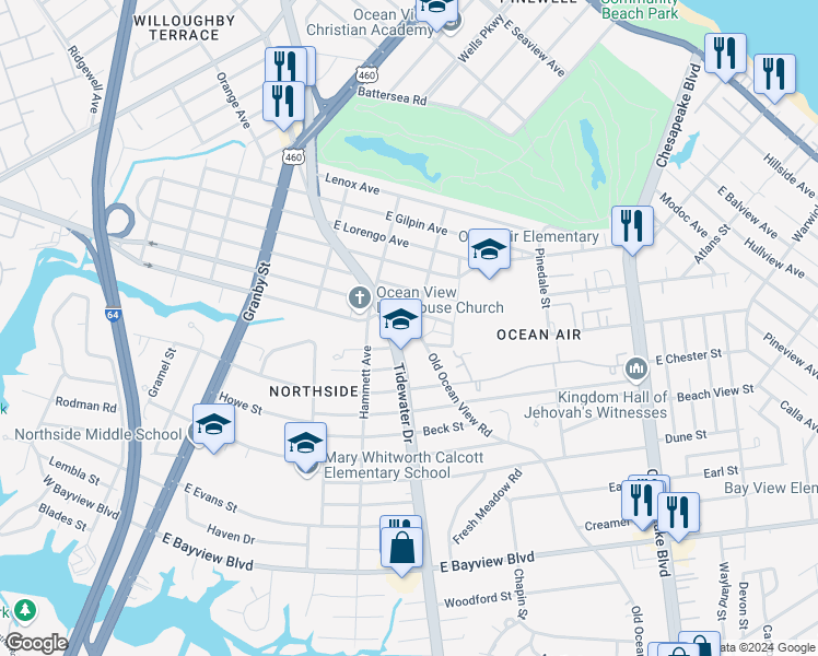 map of restaurants, bars, coffee shops, grocery stores, and more near 8951 Old Ocean View Road in Norfolk