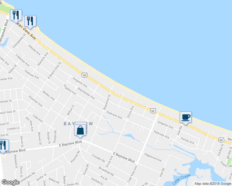 map of restaurants, bars, coffee shops, grocery stores, and more near 1616 East Ocean View Avenue in Norfolk