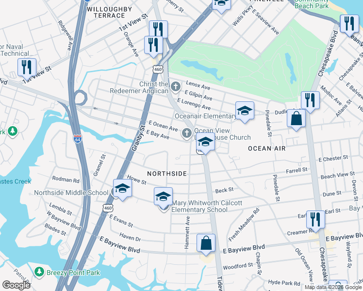 map of restaurants, bars, coffee shops, grocery stores, and more near 231 East Bay Avenue in Norfolk