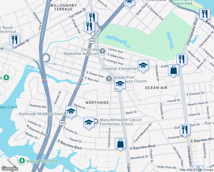 map of restaurants, bars, coffee shops, grocery stores, and more near 231 East Bay Avenue in Norfolk