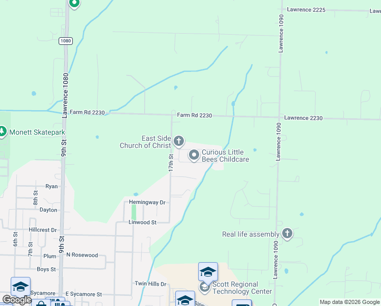 map of restaurants, bars, coffee shops, grocery stores, and more near 8900 Brookside Circle in Monett