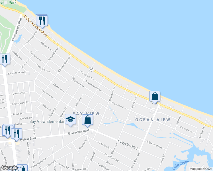 map of restaurants, bars, coffee shops, grocery stores, and more near 1516 Kingston Avenue in Norfolk