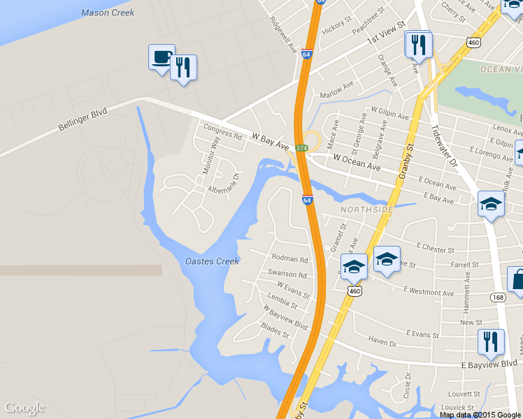 map of restaurants, bars, coffee shops, grocery stores, and more near 8817 Commodore Drive in Norfolk