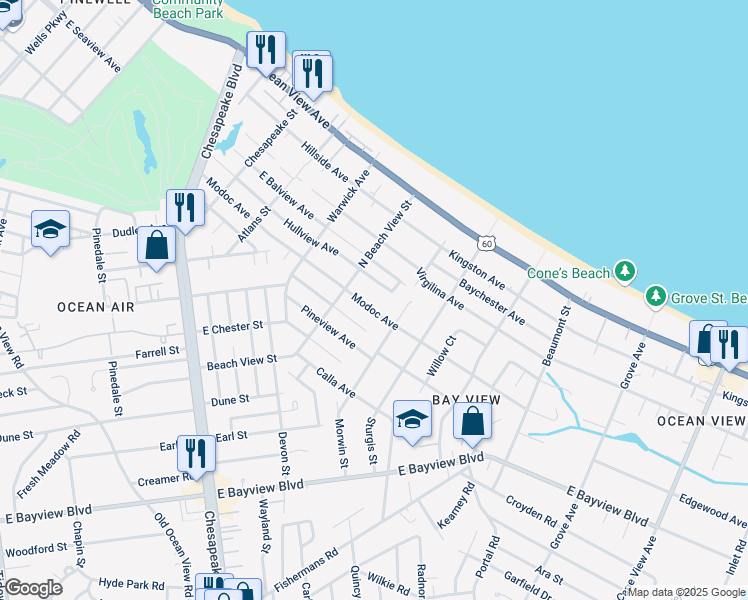 map of restaurants, bars, coffee shops, grocery stores, and more near 1326 Modoc Avenue in Norfolk
