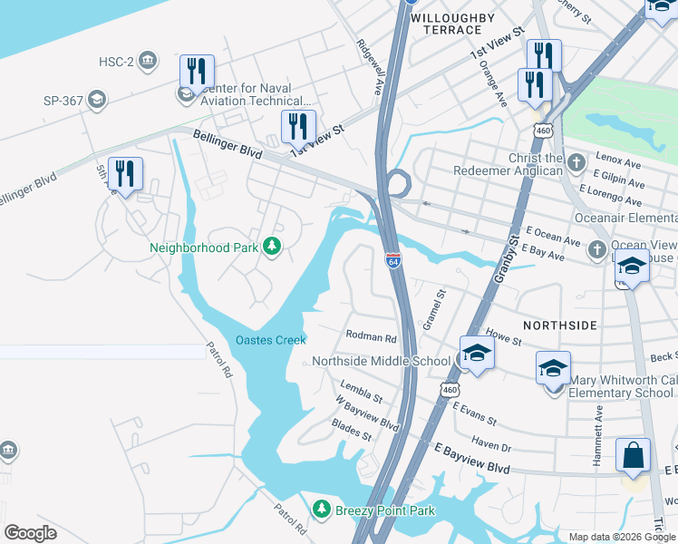 map of restaurants, bars, coffee shops, grocery stores, and more near 8817 Commodore Drive in Norfolk
