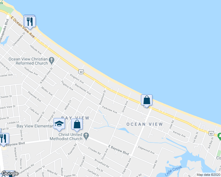 map of restaurants, bars, coffee shops, grocery stores, and more near 1614 U.S. 60 in Norfolk