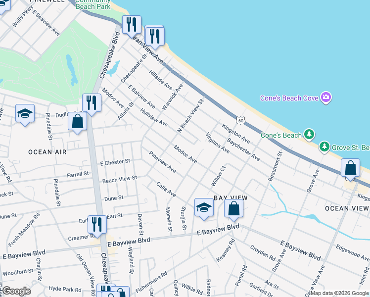 map of restaurants, bars, coffee shops, grocery stores, and more near 1326 Modoc Avenue in Norfolk