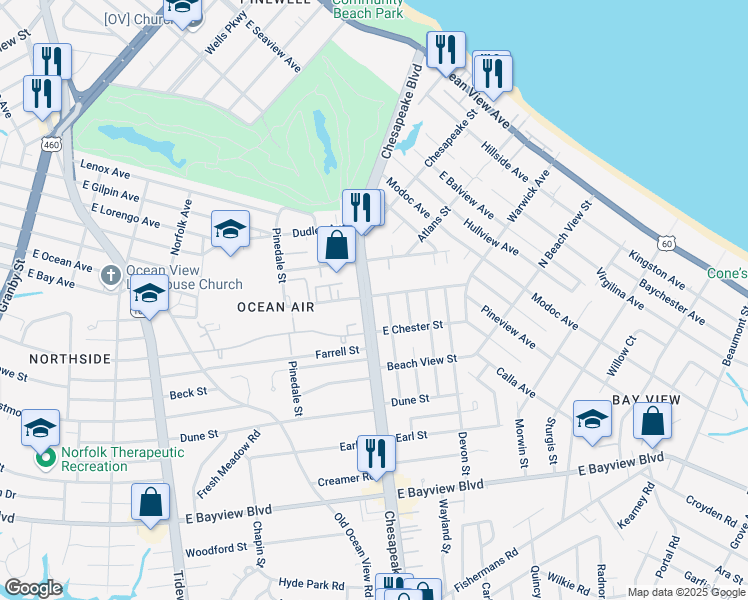 map of restaurants, bars, coffee shops, grocery stores, and more near 8932 Chesapeake Boulevard in Norfolk