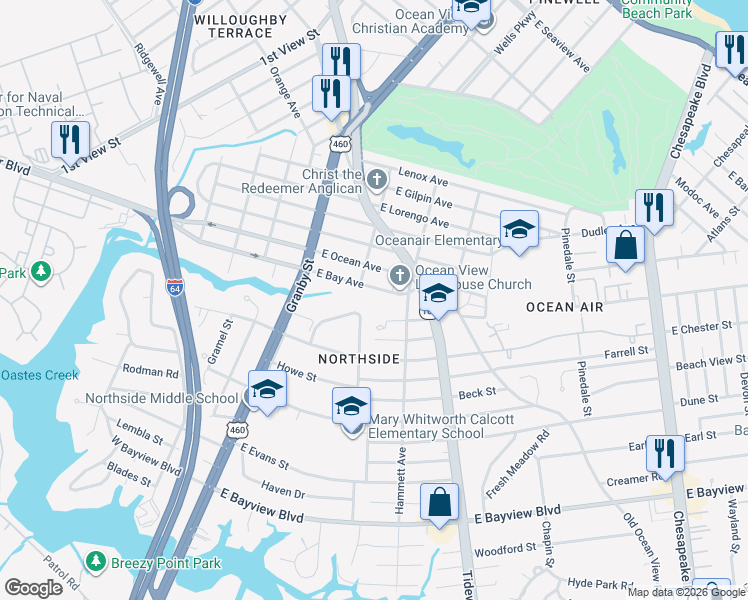 map of restaurants, bars, coffee shops, grocery stores, and more near 231 East Bay Avenue in Norfolk