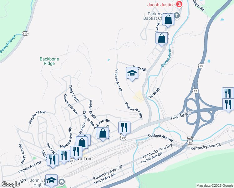map of restaurants, bars, coffee shops, grocery stores, and more near 280 Virginia Avenue Northeast in Norton