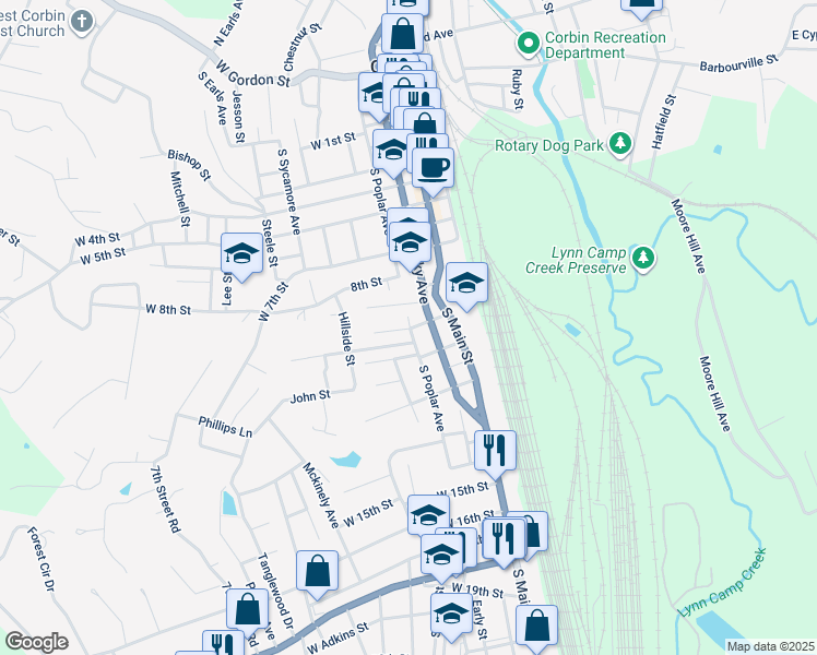 map of restaurants, bars, coffee shops, grocery stores, and more near 207 West 9th Street in Corbin