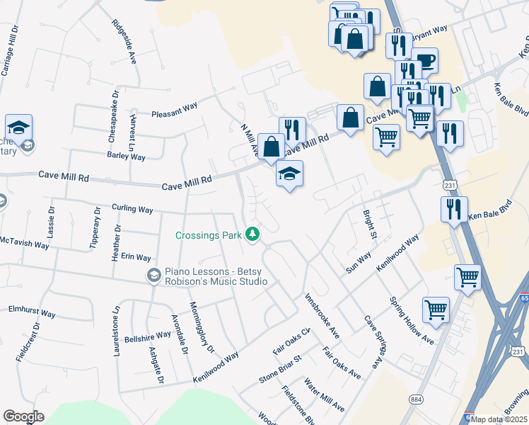 map of restaurants, bars, coffee shops, grocery stores, and more near 2500 Crossings Boulevard in Bowling Green
