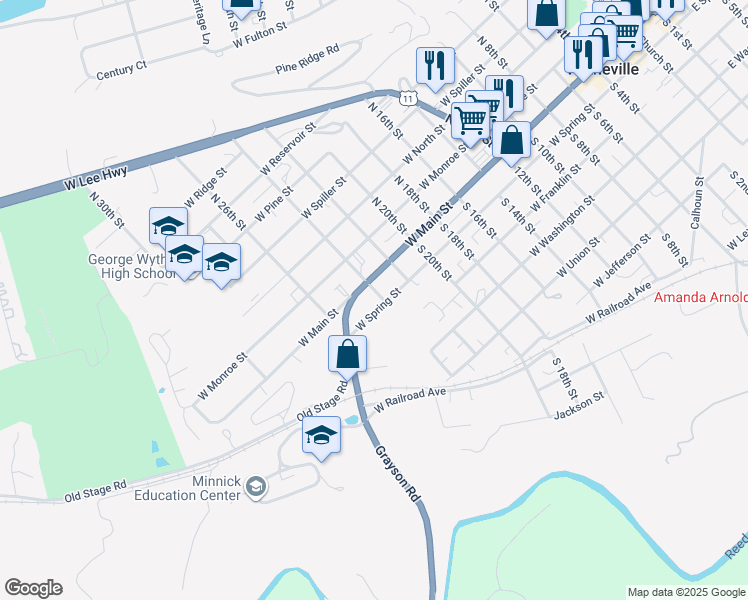 map of restaurants, bars, coffee shops, grocery stores, and more near 175 South 24th Street in Wytheville