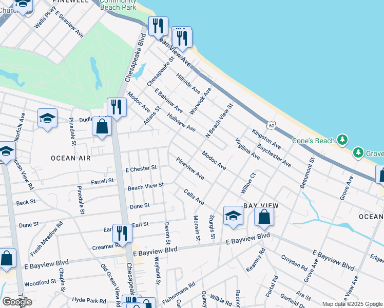 map of restaurants, bars, coffee shops, grocery stores, and more near 1236 Oak Park Avenue in Norfolk