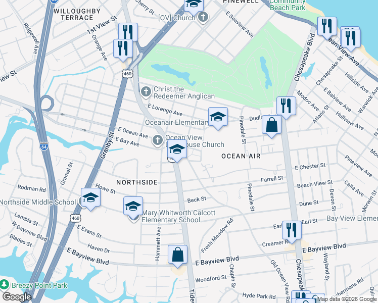 map of restaurants, bars, coffee shops, grocery stores, and more near 401 East Ocean Avenue in Norfolk