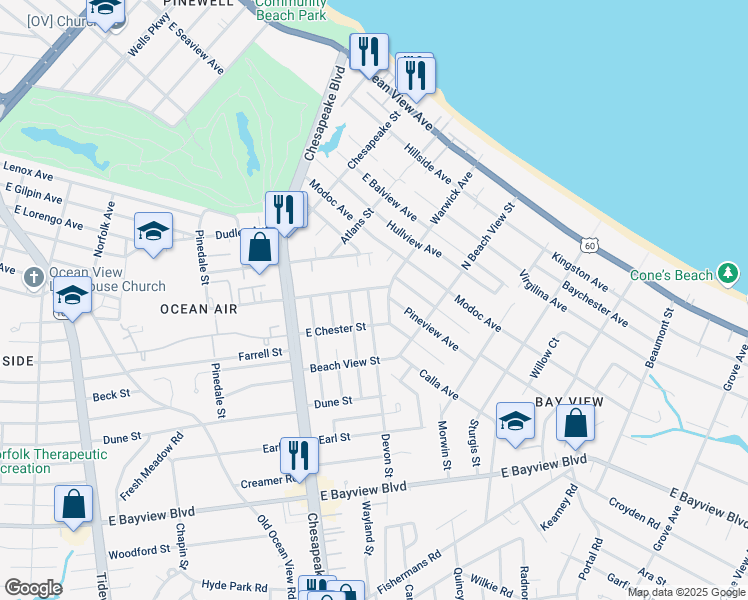 map of restaurants, bars, coffee shops, grocery stores, and more near 8922 Devon Street in Norfolk