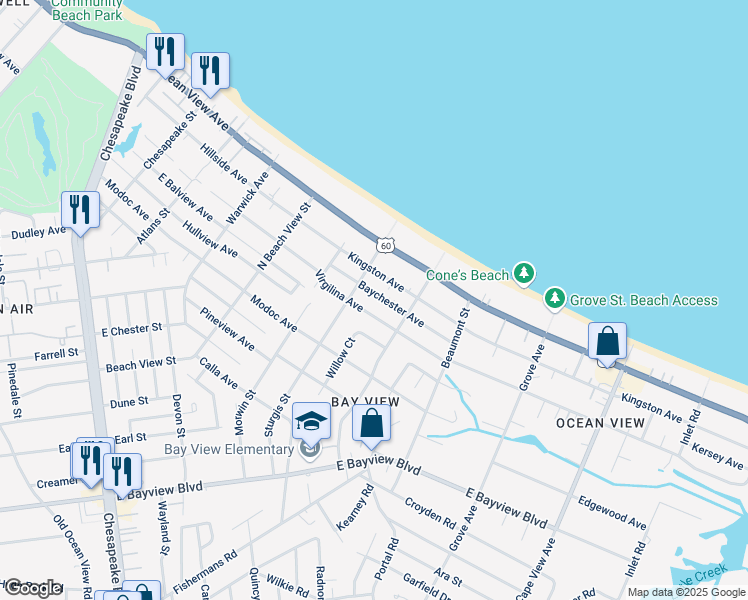 map of restaurants, bars, coffee shops, grocery stores, and more near 1417 Baychester Avenue in Norfolk