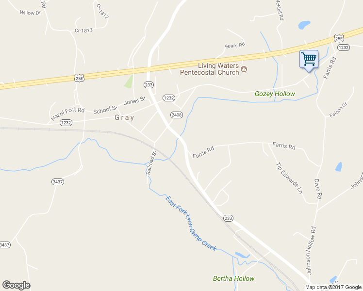 map of restaurants, bars, coffee shops, grocery stores, and more near 428 State Highway 233 in Gray