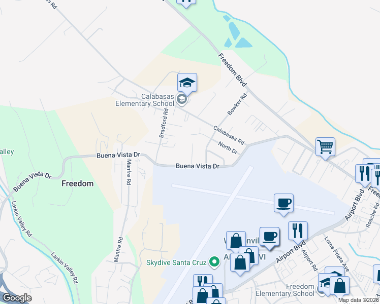 map of restaurants, bars, coffee shops, grocery stores, and more near 7 Valdez Lane in Watsonville