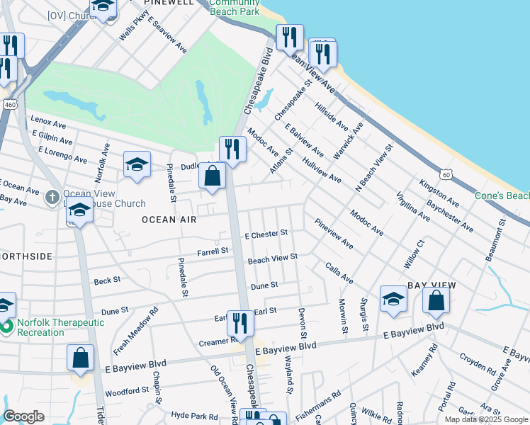 map of restaurants, bars, coffee shops, grocery stores, and more near 1037 Warwick Avenue in Norfolk