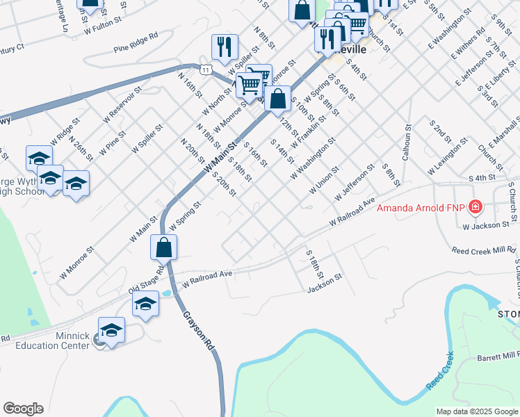 map of restaurants, bars, coffee shops, grocery stores, and more near 1069 West Washington Street in Wytheville