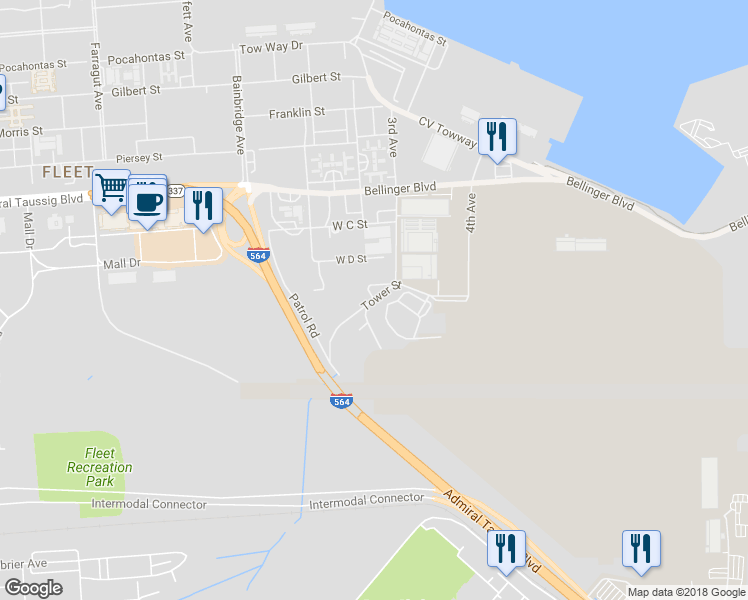 map of restaurants, bars, coffee shops, grocery stores, and more near Tower Street in Norfolk