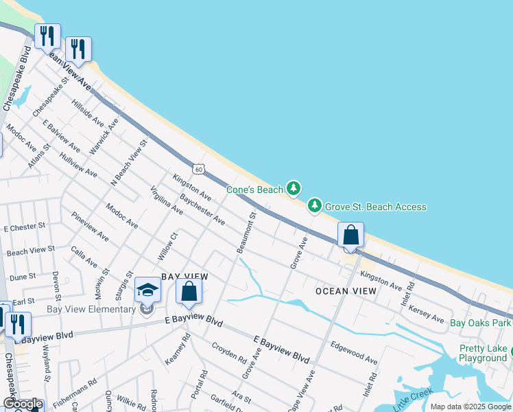 map of restaurants, bars, coffee shops, grocery stores, and more near 1601 East Ocean View Avenue in Norfolk