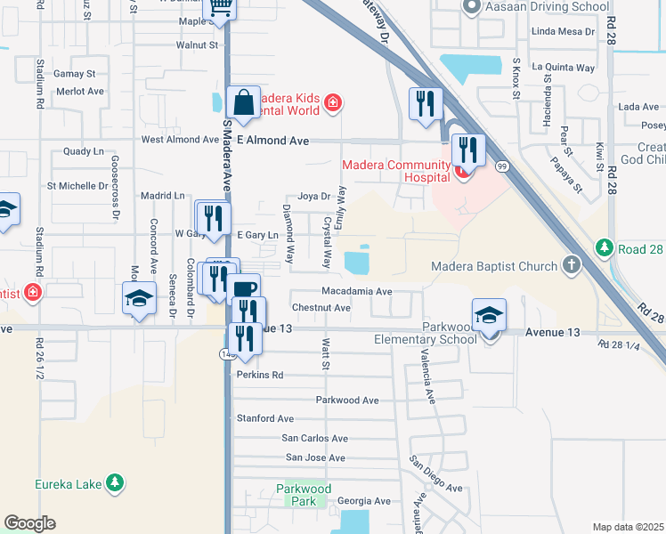 map of restaurants, bars, coffee shops, grocery stores, and more near 561 Strauss Court in Madera