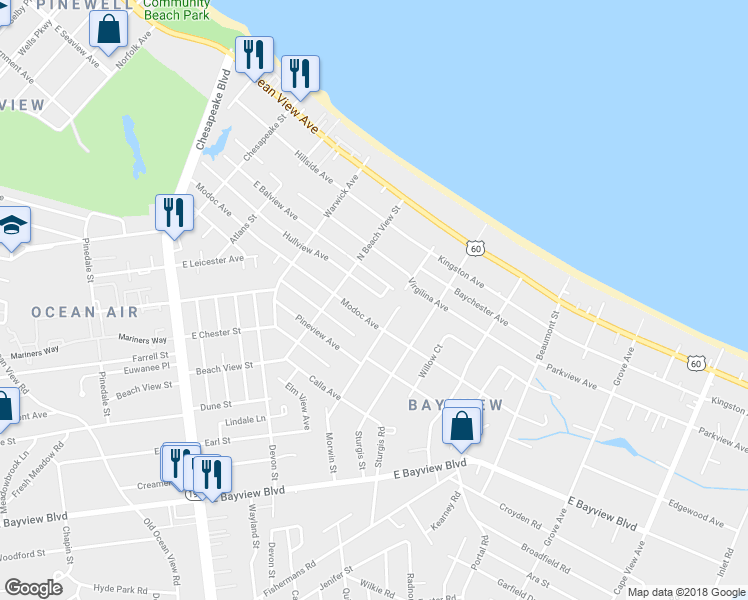 map of restaurants, bars, coffee shops, grocery stores, and more near 1333 Hullview Avenue in Norfolk