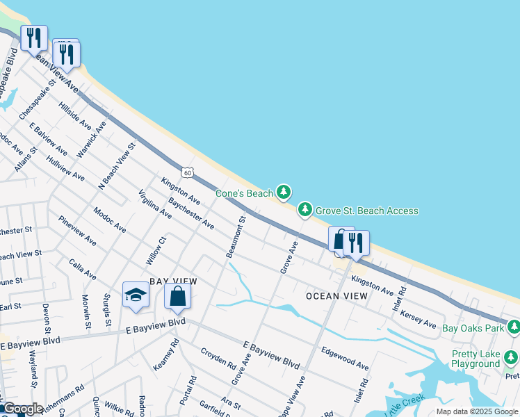 map of restaurants, bars, coffee shops, grocery stores, and more near 1616 East Ocean View Avenue in Norfolk