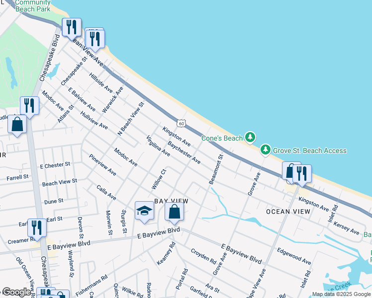map of restaurants, bars, coffee shops, grocery stores, and more near 1432 Baychester Avenue in Norfolk