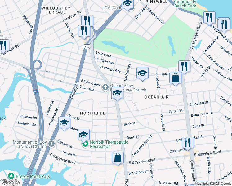 map of restaurants, bars, coffee shops, grocery stores, and more near 8960 Tidewater Drive in Norfolk