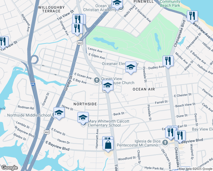 map of restaurants, bars, coffee shops, grocery stores, and more near 8960 Tidewater Drive in Norfolk