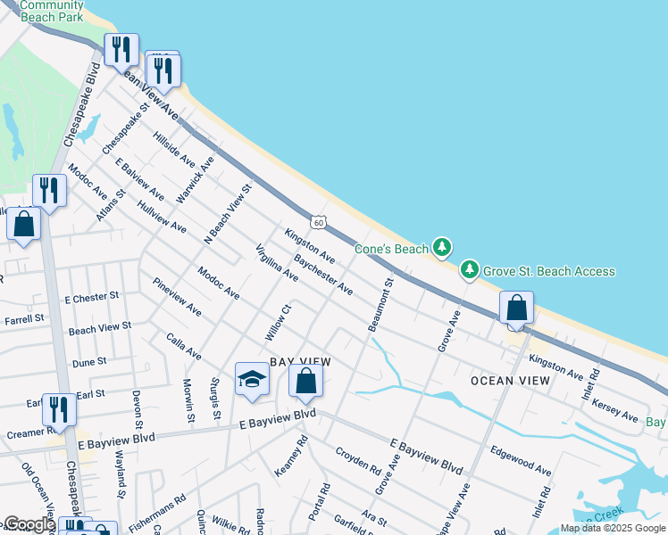 map of restaurants, bars, coffee shops, grocery stores, and more near 1445 Kingston Avenue in Norfolk