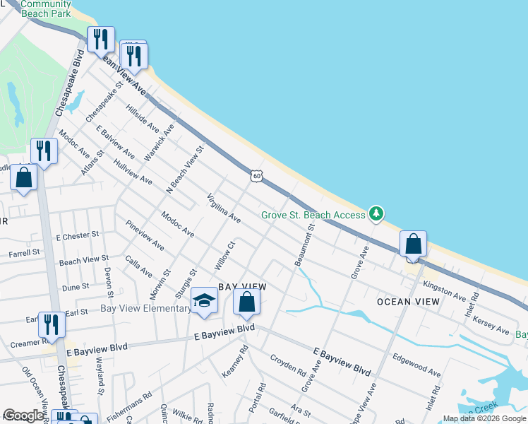 map of restaurants, bars, coffee shops, grocery stores, and more near 1445 Kingston Avenue in Norfolk