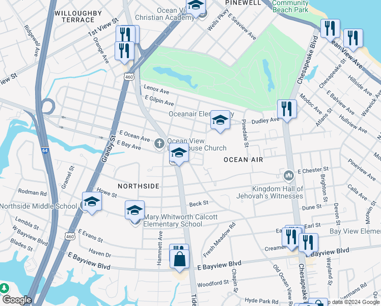 map of restaurants, bars, coffee shops, grocery stores, and more near 401 Warwick Avenue in Norfolk
