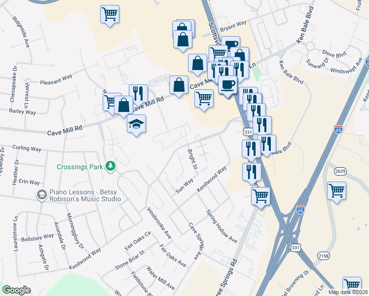 map of restaurants, bars, coffee shops, grocery stores, and more near 101 Bright Street in Bowling Green