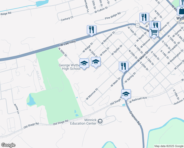 map of restaurants, bars, coffee shops, grocery stores, and more near 1505 West Spiller Street in Wytheville