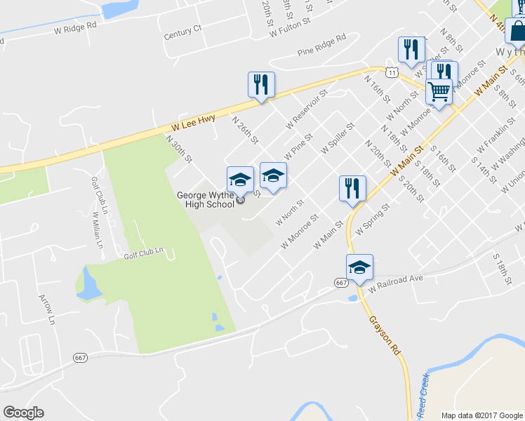 map of restaurants, bars, coffee shops, grocery stores, and more near 1505 West Spiller Street in Wytheville