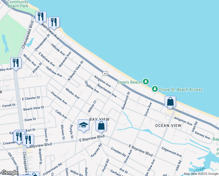 map of restaurants, bars, coffee shops, grocery stores, and more near 1433 Kingston Avenue in Norfolk
