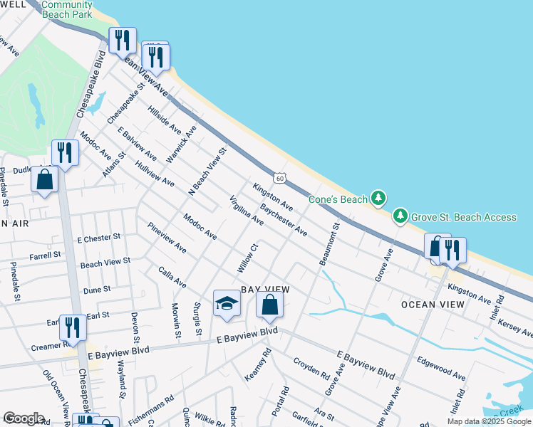 map of restaurants, bars, coffee shops, grocery stores, and more near 1409 Baychester Avenue in Norfolk