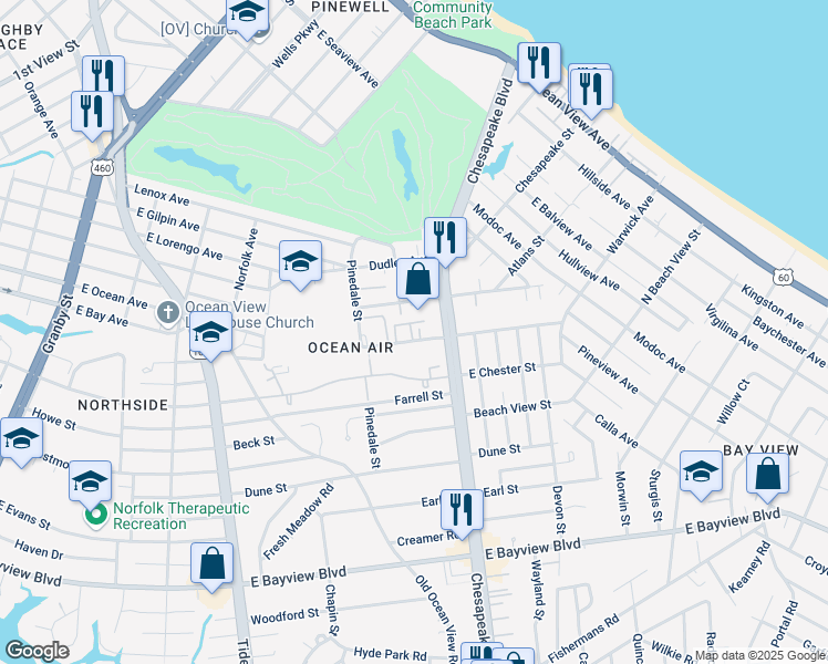 map of restaurants, bars, coffee shops, grocery stores, and more near 712 Warwick Avenue in Norfolk